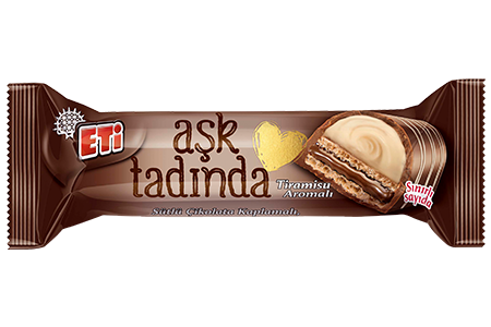Eti Aşk Tadında Sütlü Çikolata Kaplamalı, Tiramisu Aromalı ve Kakao Kremalı Gofret 